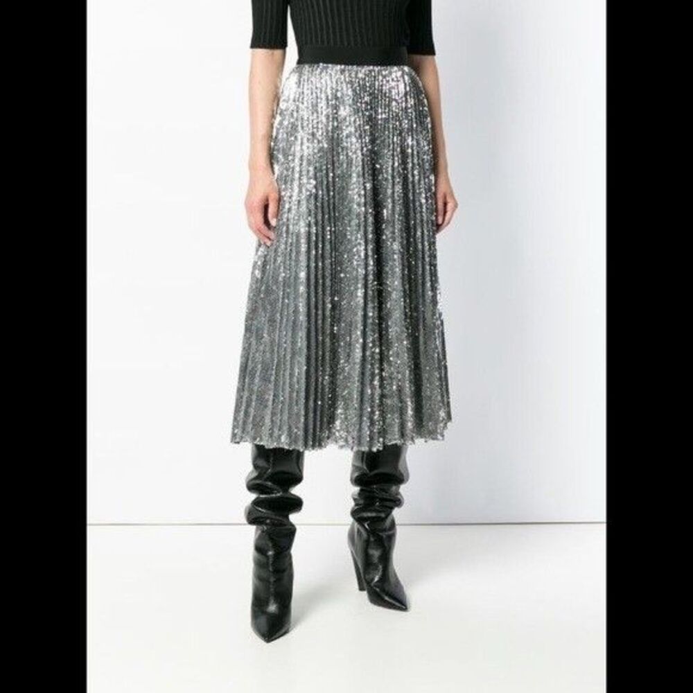 Beulah Style Womens Skirt S Black Silver Sequin Pleated Midi Elastic Waist